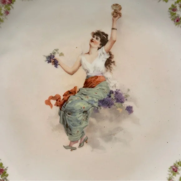 Wine Maiden Victoria Carlsbad Austria 12” Bacchante Kaufmann Bowl Green Gold Lg - Picture 3 of 10